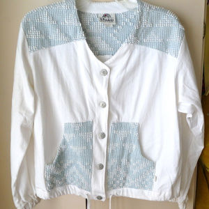 Produce Studio white green knit bomber jacket LG